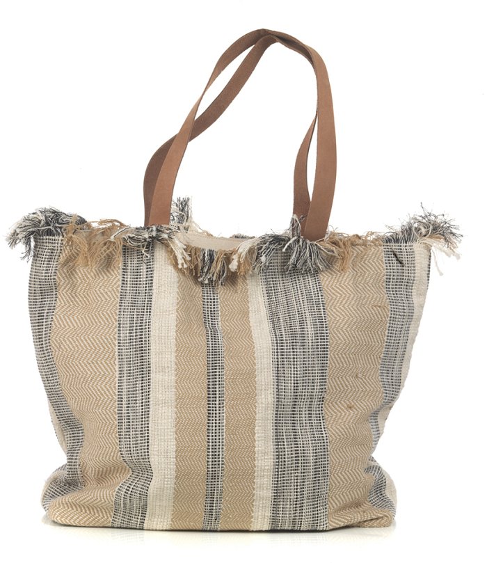 Borsa in tessuto naturale a righe crema/blu
