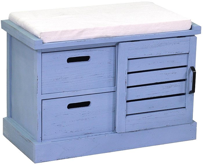 Panca in legno azzurro con cuscino 1 vano + 2 cassetti
