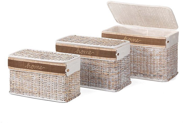 Set 3 bauli in rattan sbiancato