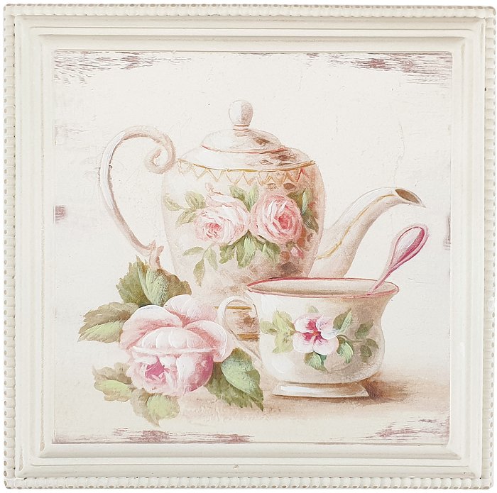 Quadro in legno tazza e rose rosa