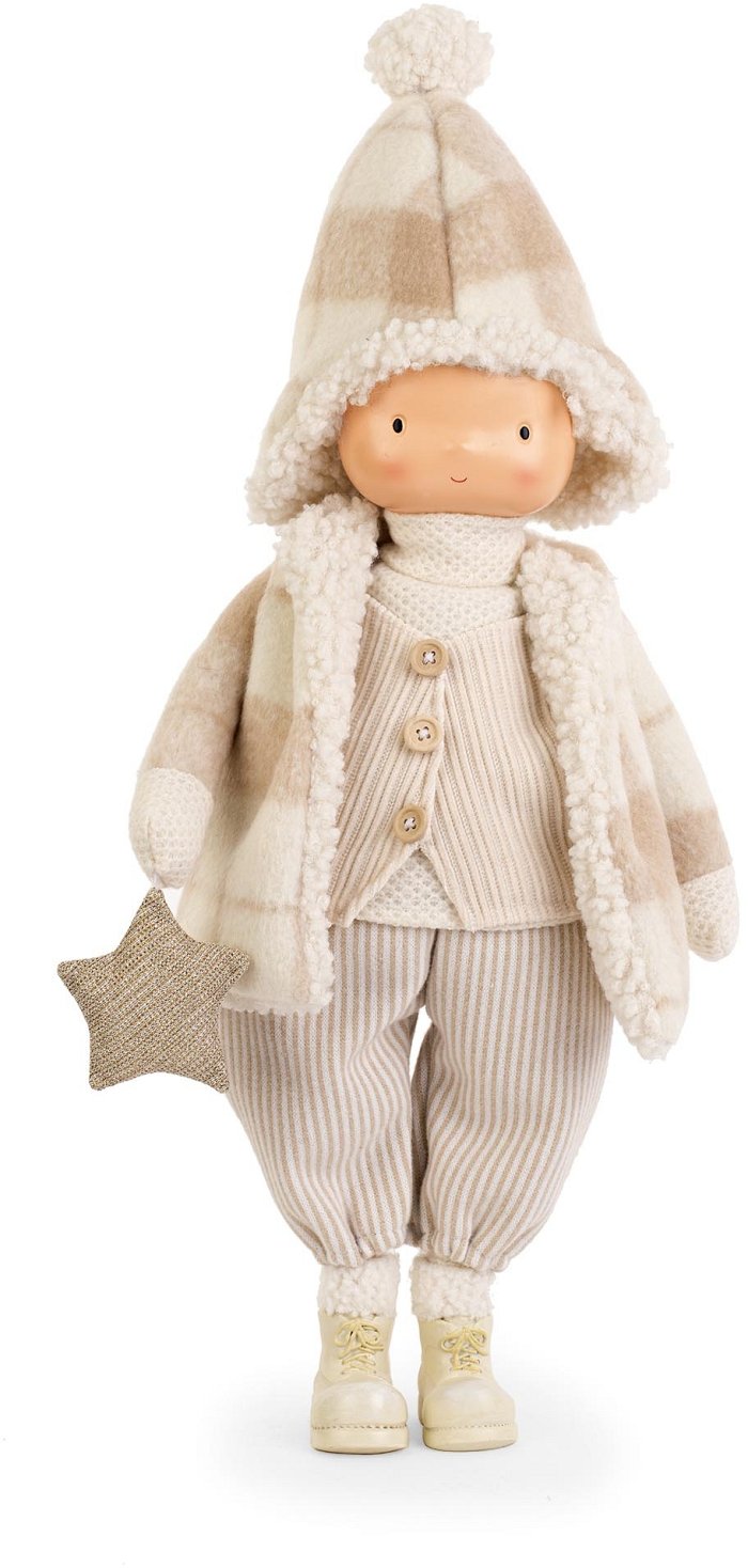 Bimbo in tessuto beige a righe con cappello pelliccia