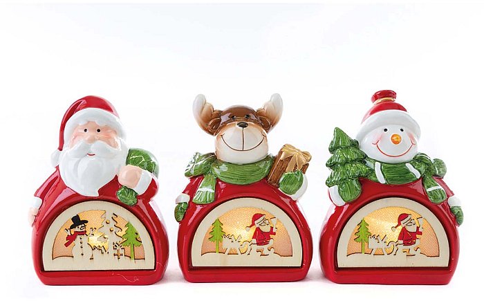 Confezione 3 soggetti natalizi in ceramica con led - santa/renna/pupazzo di neve