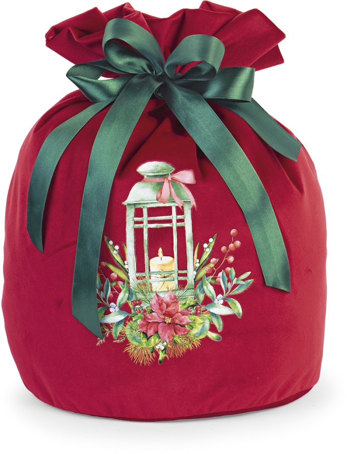 Sacco PortaPanettone in Velluto Rosso Decorato con Fiocco Verde in Raso