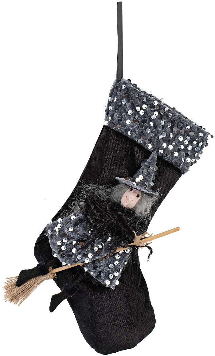 Calza in Tessuto Grigio/Nero con Befana e Pallettes h 30 cm