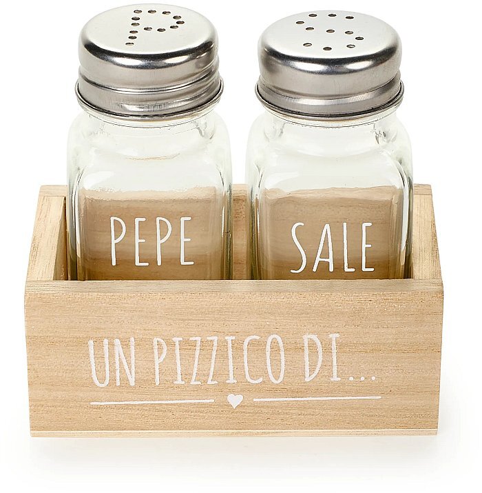 Sale e Pepe in Vetro "Un Pizzico Di" con Contenitore in Legno