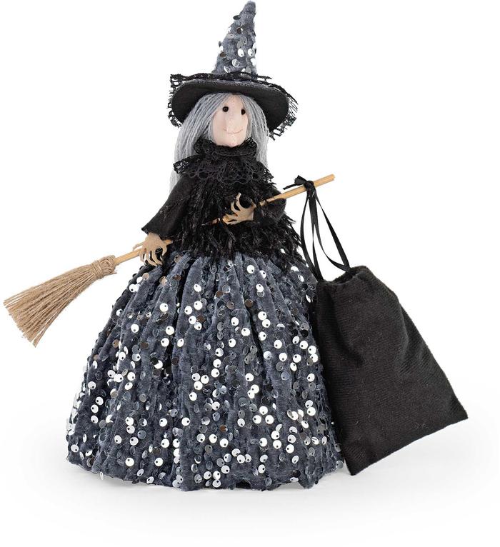 Befana in Piedi in Tessuto Grigio/Nero con Pallettes e Sacco h 28 cm