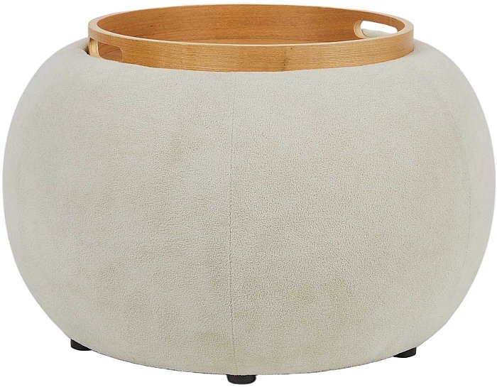 Pouf in Tessuto Bianco con Tavolino di Legno