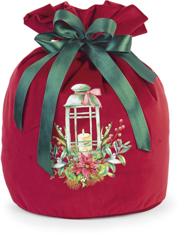 Sacco PortaPanettone in Velluto Rosso Decorato con Fiocco Verde in Raso