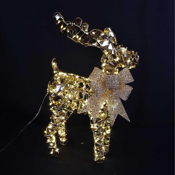 Renna Dorata Piccola con Fiocco e Led Flashing a Luce Calda