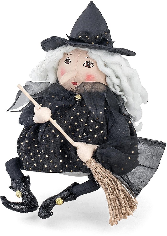 Befana in Tessuto Nero Seduta con Scopa e Sacchetto